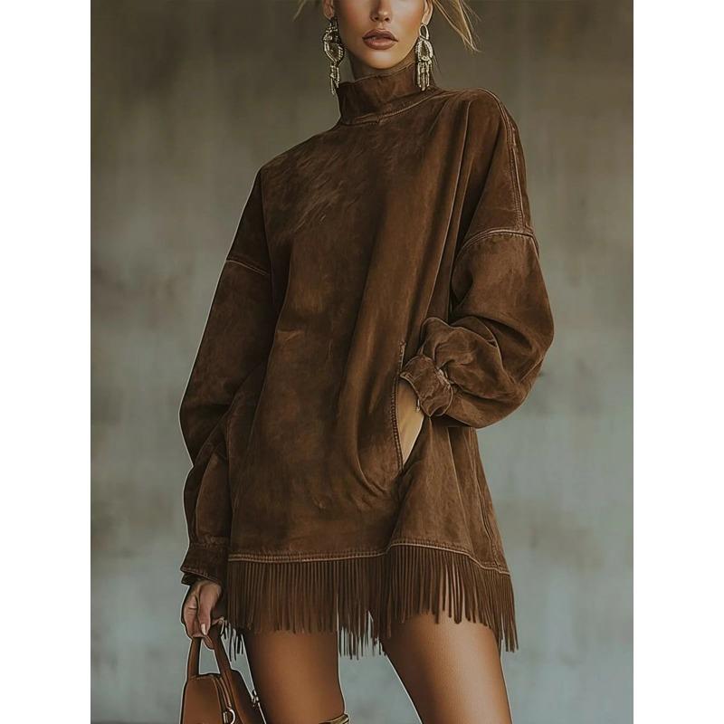 IHUASU Kadın Moda Sonbahar Kış Düz Renk Baskılı Uzun Kollu Günlük Elbiseler