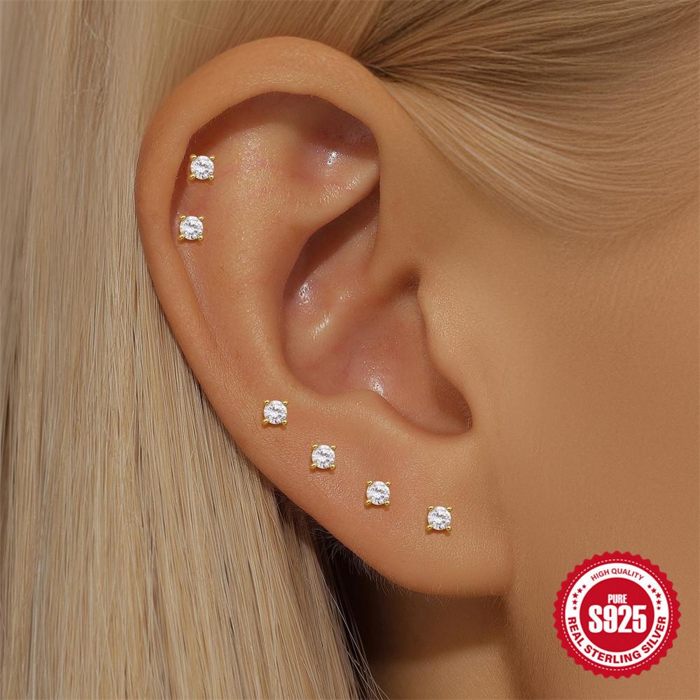 Stylish And Simple Style S925 Sterling Silver Four-Claw Diamond-Encrusted Basic Daily Matching Temperament Stud Earrings Set Women