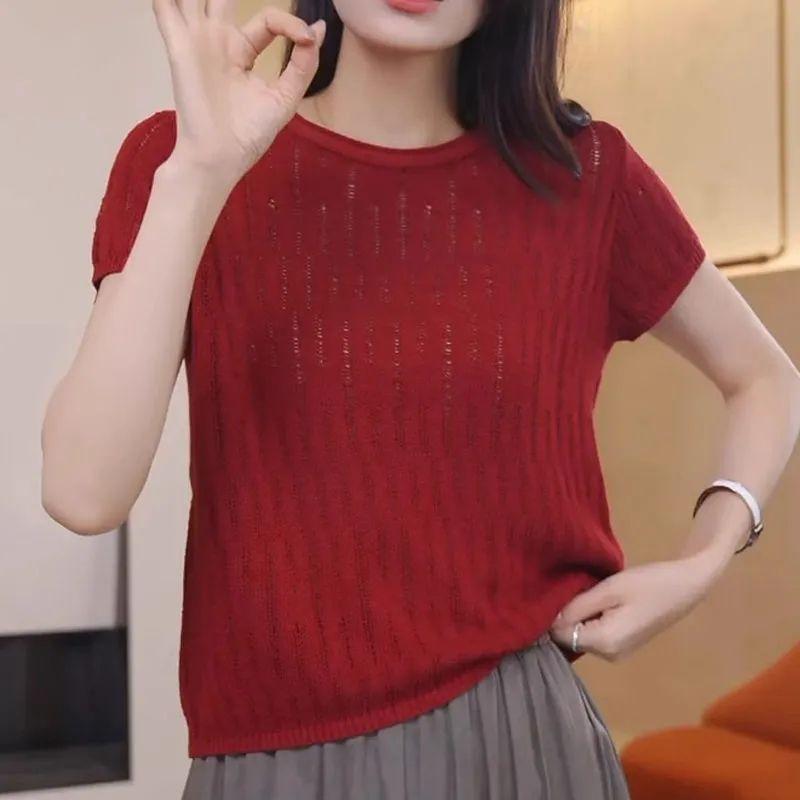 Summer Women's Round Neck Knitted T-shirt Casual Hollow Ice Silk Short Sleeved Knitted Shirt for Women