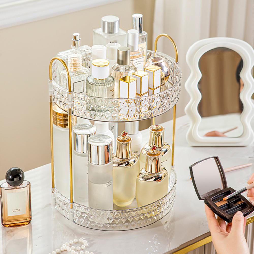 Rotating 2-Tier Vanity Makeup Organizer Cosmetics Skincare Perfume Lipstick Storage Rack
