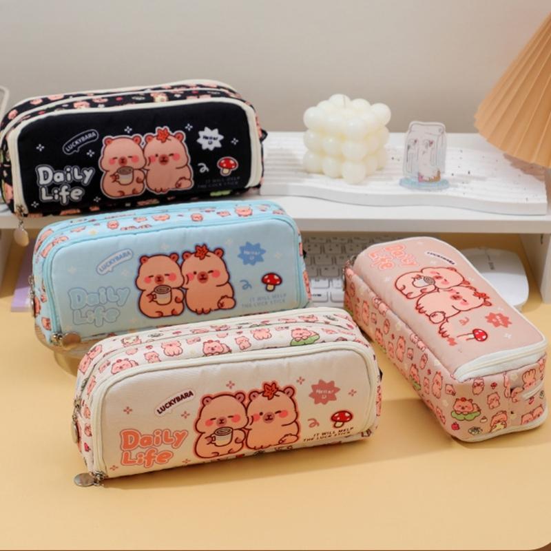 Cartoon Pencil Case Multi Compartments Canvas Pencils Bag Portable Pen Organiser Travel Cosmetic Bag for Student Women