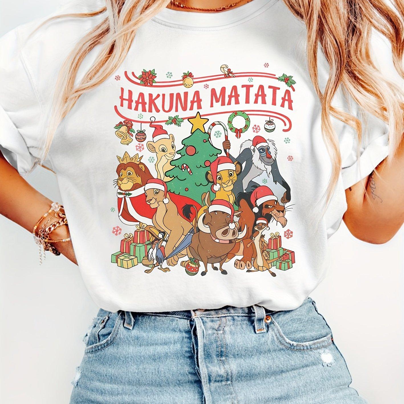 

Trendy Casual Animal Unisex Short Sleeve Simba Mufasa Nana Pumbaa Timon Rafiqi Christmas Hat Christmas Tree Pattern S