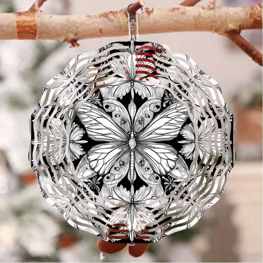 Hand-Painted Black & White 3D Butterfly Mandala Wind Chime – Rotating Garden Art Decor for Home, Courtyard