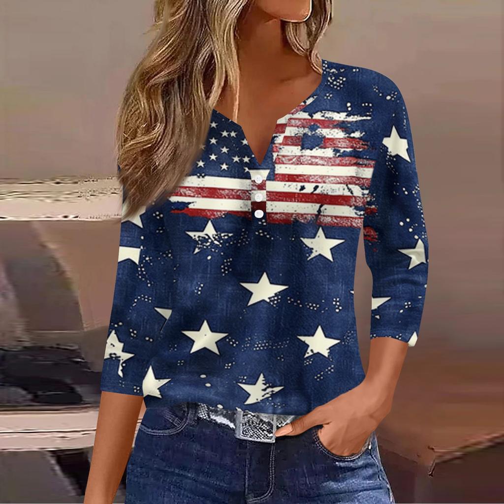 Women's Fashion Casual Independence Day American Flag Stars and Stripes Print Collar V-Neck Three-Quarter Sleeve Decorative Button-Up T-Shirt Top