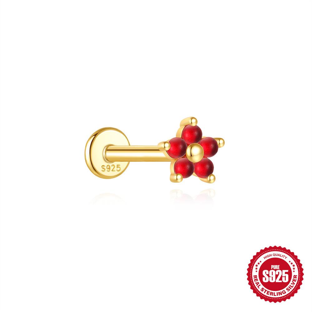 S925 Sterling Silver Green Fresh Retro Red Color Flat Head Stud Earrings Round Personality Versatile Earbone Stud Puncture