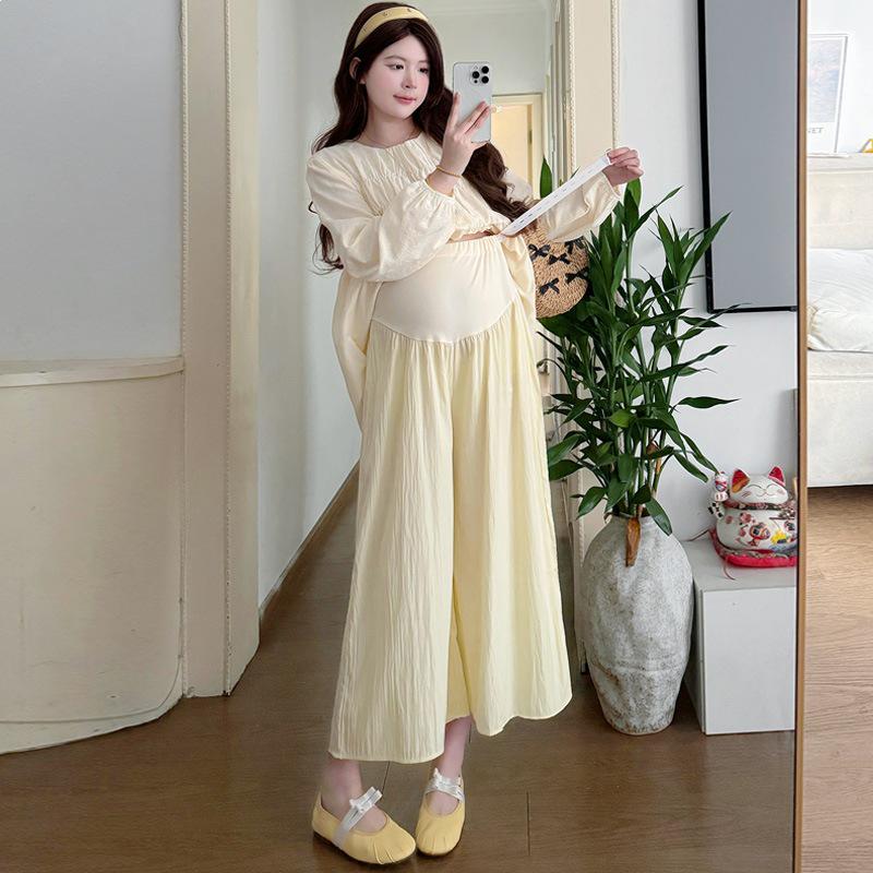2026 Spring Maternity Embroidered Jacquard Long-sleeve Doll Shirt & Wide-leg Pants Set M