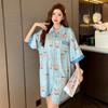 Summer Stain Nightdress for Women Short Sleeve Cute Cartoon Nightgowns & Sleepshirts Women Blue Sleepwear Shirt Buttons Outwear Pjs Loose Homewear