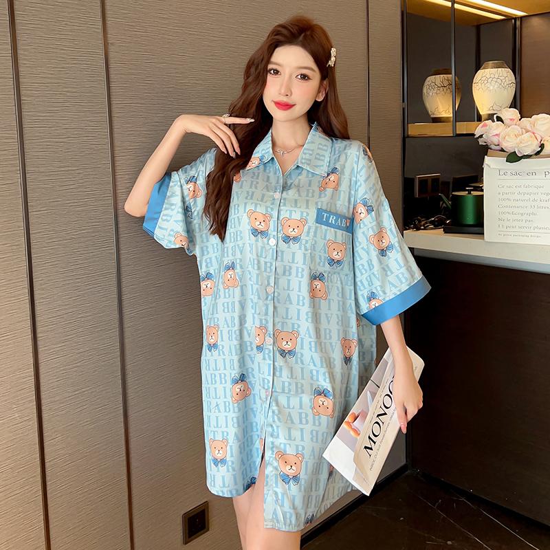 Summer Stain Nightdress for Women Short Sleeve Cute Cartoon Nightgowns & Sleepshirts Women Blue Sleepwear Shirt Buttons Outwear Pjs Loose Homewear