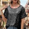 Women Tops Round Neck Short Sleeve Loose Fit Tee Shirt Sparkling Sequins Casual Shirt Versatile Summer Tops