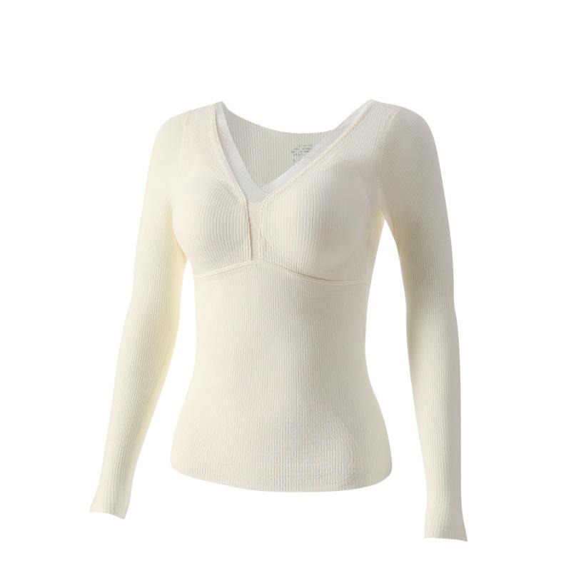 Thermal Wool & Silk Base Layer Set with Seamless Integrated Bra and Chest Pads for Autumn Warmth