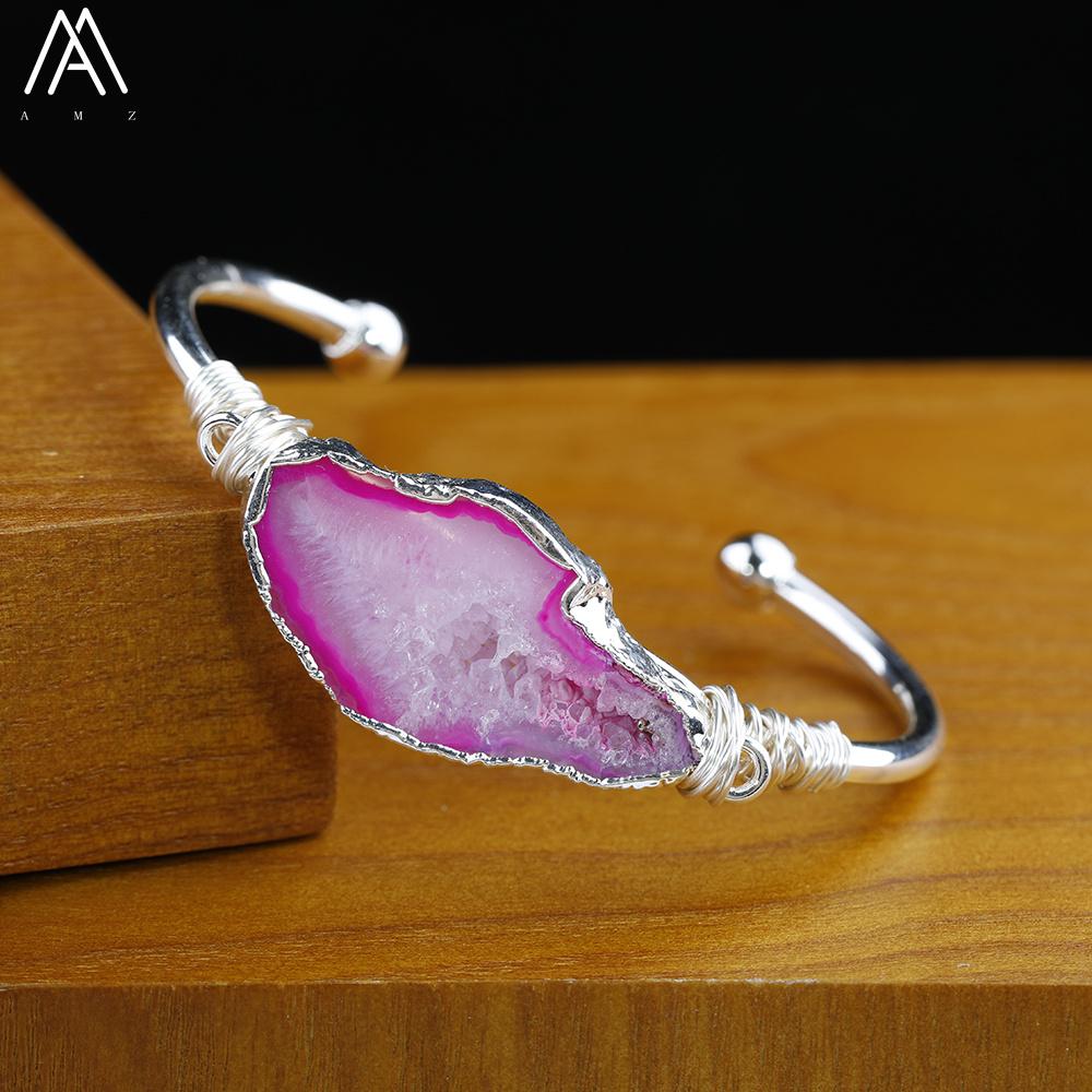 Silver Copper Wire Wrapped Agate Geode Stone Open Cuff Bracelet For Women Druzy Drusy Bracelet Handmade Jewelry Gift Dropship