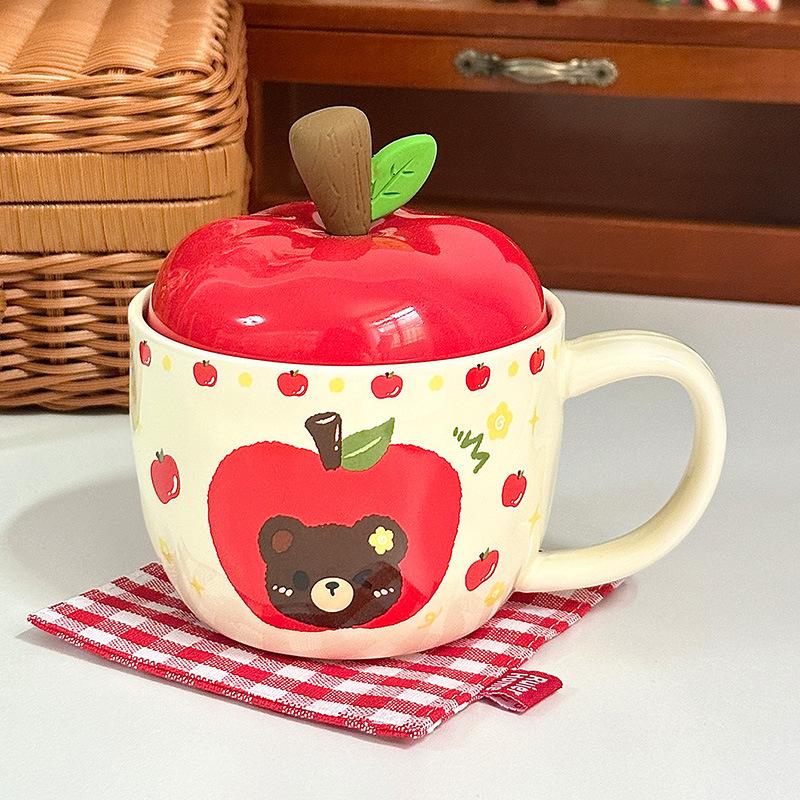 

Creative Apple Ceramic Cup with Lid Mug Birthday Gift Girl Drinking Water Cup Retro Cup Souvenir 301-400ml