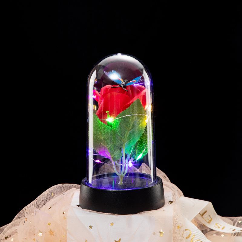Eternal Flower Glass Dome Night Light - Gold Foil Butterfly Rose & Dried Flower Table Decoration