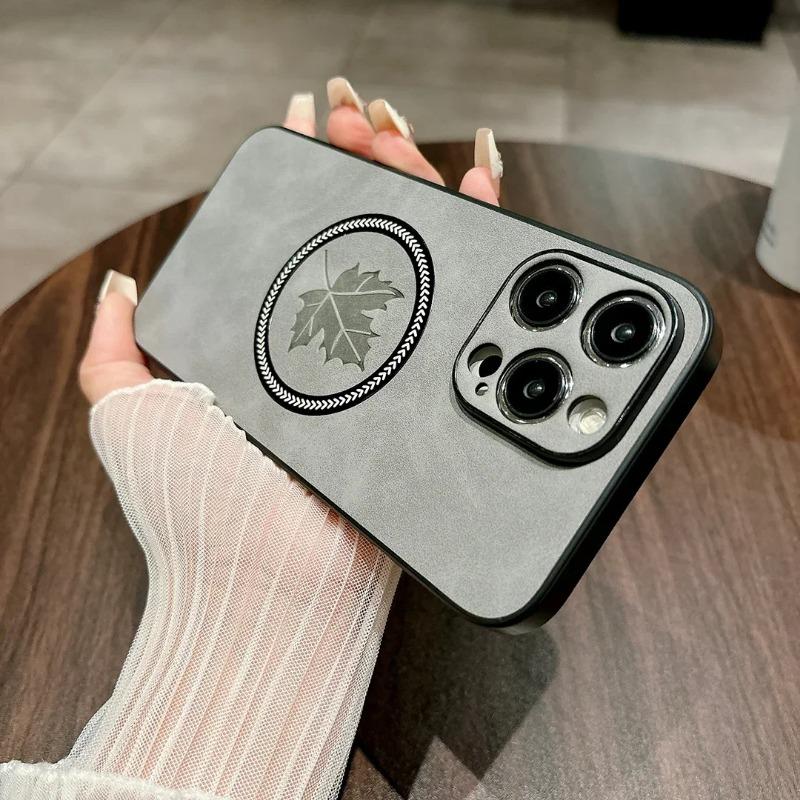 

Магнитный кожаный чехол для iPhone 15 14 13 12 11 Pro Max Plus XS X XR Cover Maple Leaf Wireless Charge для Magsafe Shell Fundas for iPhone 16 Plus светло-серый