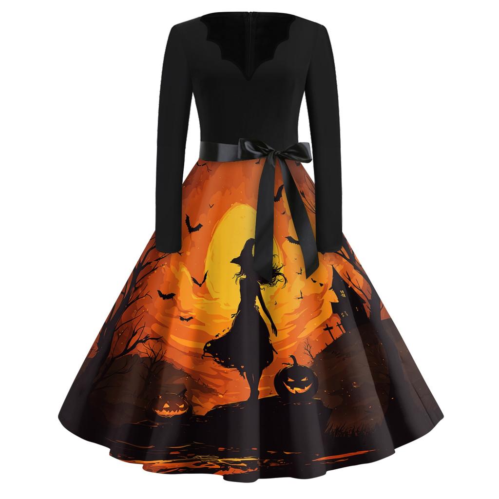 Women's Casual Vintage Halloween Dress V Neck Long Sleeve Retro Printed Swing Dress with Waist Tie Belt for Fall Seasonal Wear