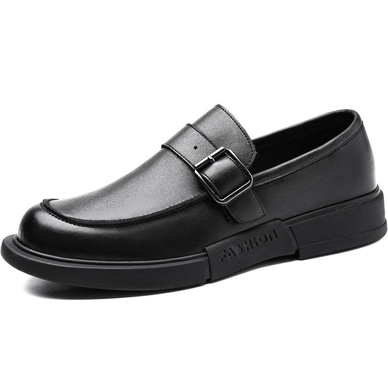 

Весенняя мужская обувь из натуральной кожи, британские повседневные туфли на одной педали, мужская платформа, универсальные туфли из кожи с большой головой, увеличивающие рост и комфорт 44 чёрный