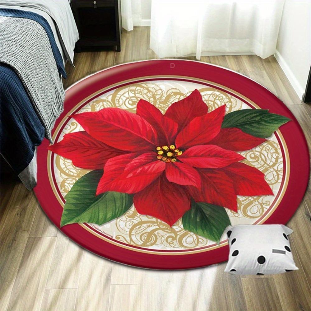 Red Poinsettia Floral Round Area Rug, Gold Accents Non-Slip Floor Mat, Decorative Carpet for Living Room Bedroom Office Chair