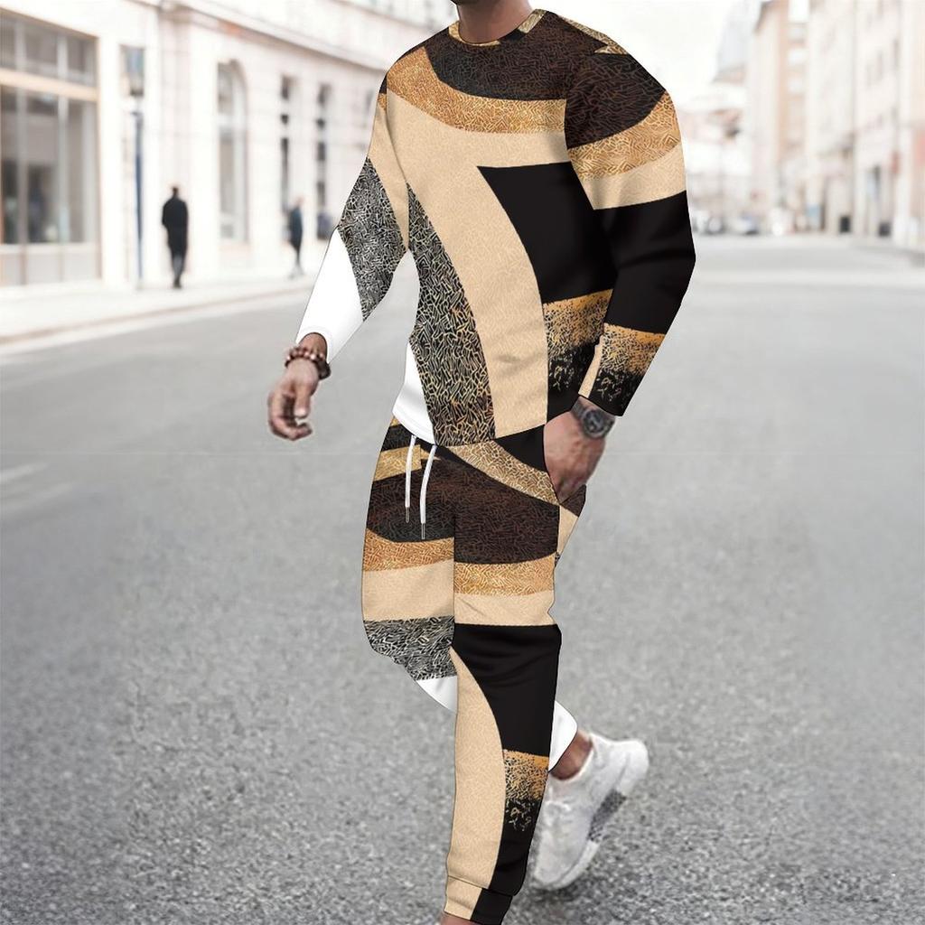 Men Black Blue Bohemian Mandala Partial Print Long Sleeve Sweatshirt Jogger Pants Two Piece Suit