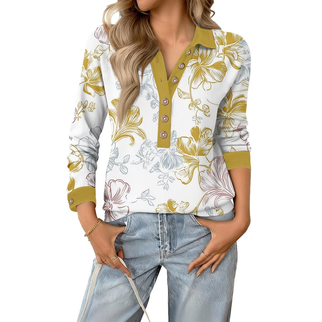 Women's Retro Street Lazy V,neck Long Sleeve Button Floral Print Pullover Top