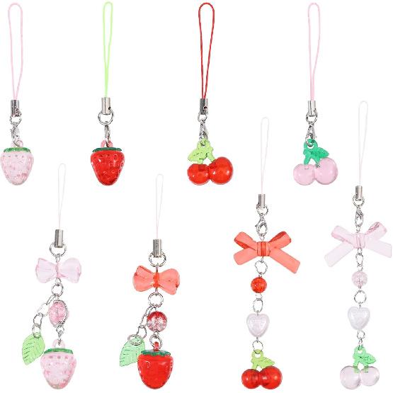 8pcs Cute Strawberry Phone Charms Cherry with Bowknot Pendant Lanyard Cell Phone Strap Accessories