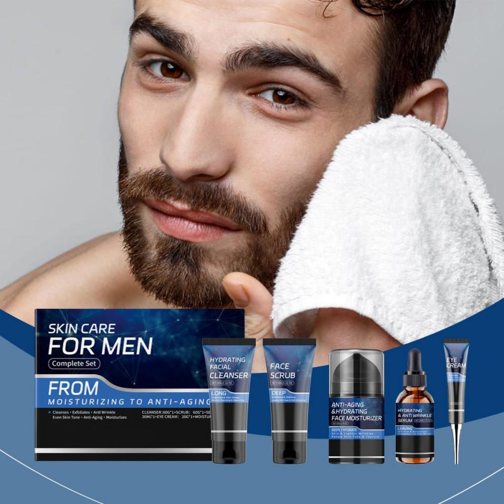 Herren Hautpflege Set Feuchtigkeitsspendender Gesichtsreiniger/Gesichtspeeling/Anti-Aging Gesichtsfeuchtigkeitspflege/Anti-Falten Serum/Augencreme 5 Stück