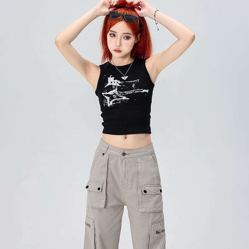 Black Y2K Tops For Women Sexy Fashion Vest Sleeveless T-shirts Fashion Girls Casual Tops
