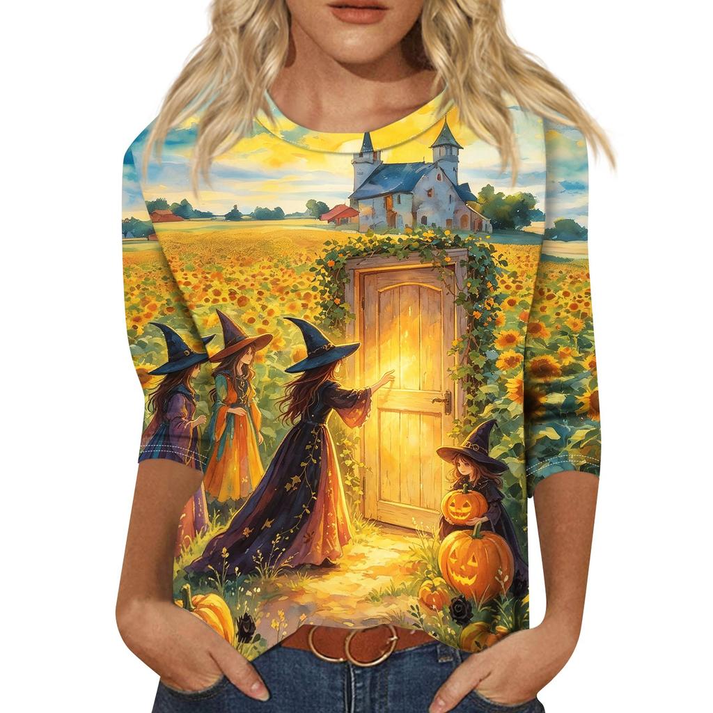 Women's Fashion Casual Halloween Print 3/4 Sleeve T-Shirt with Round Neck