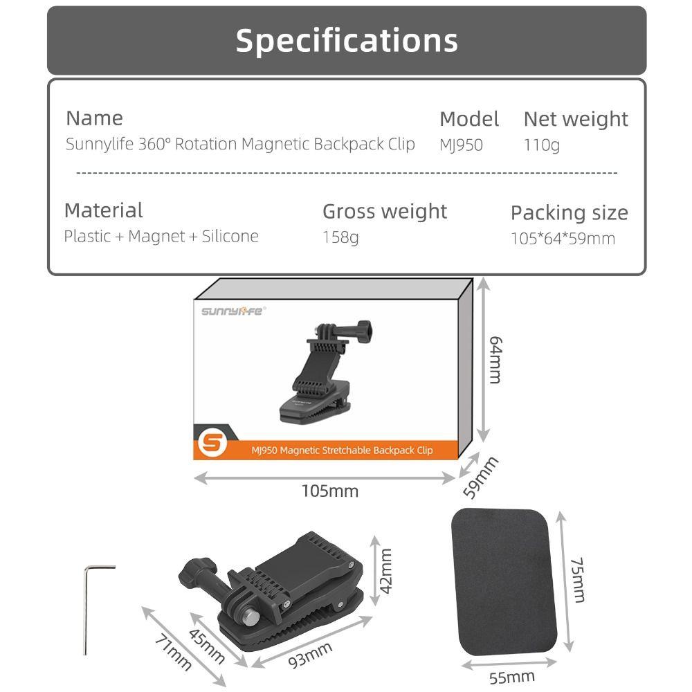Magnetic Backpack Clip Clamp for DJI Action 5/4/Pocket3/Insta360 Action Camera Accessories