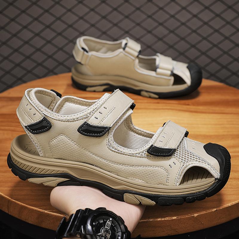 Fashion New Indoor Outdoor Beach Flats Men Leather Walking Shoes Men's All-match Sandals Handmade Stitching Close Toe Non Slip Footwear
