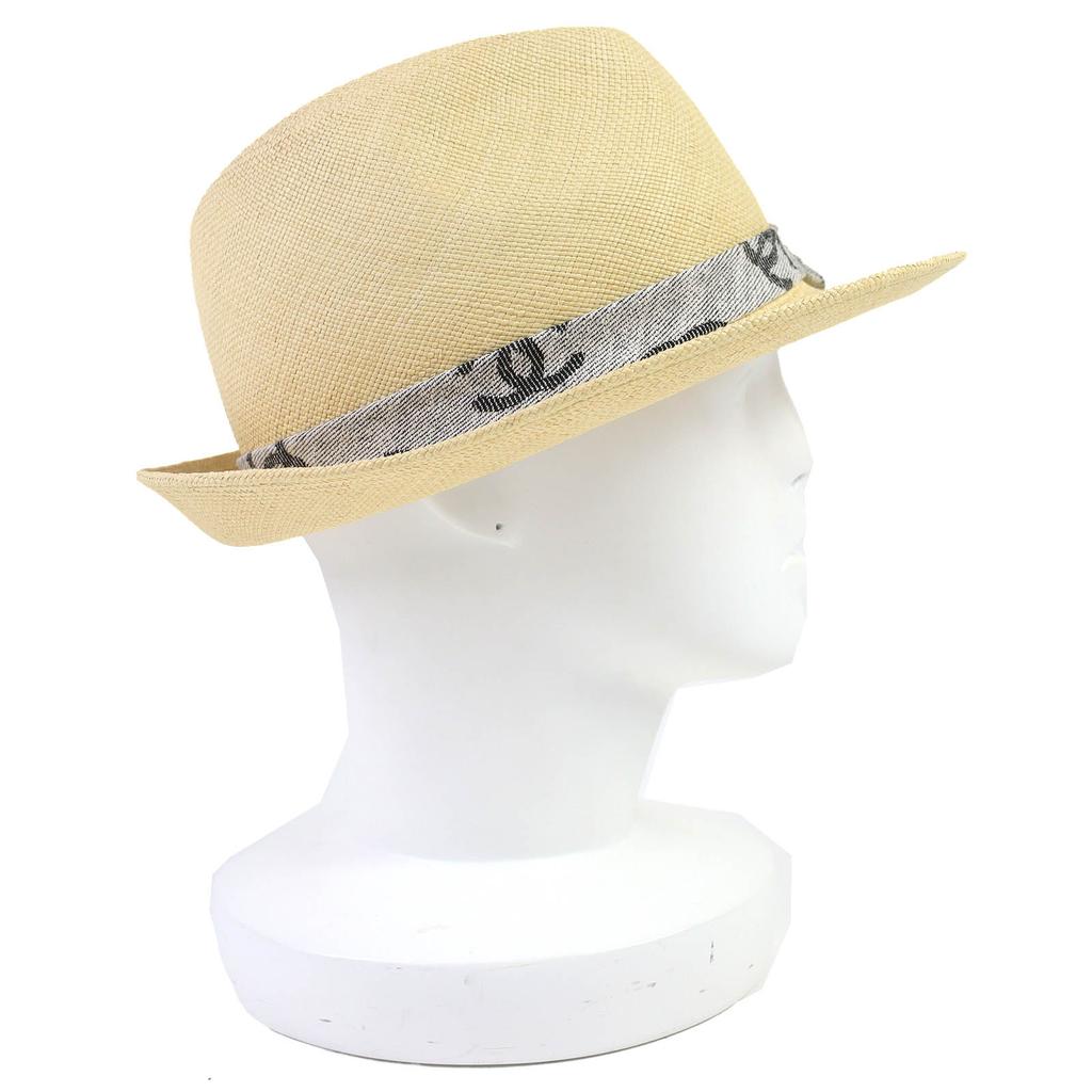 Excellent CHANEL COCO Mark Ribbon Fedora Straw Hat Beige Gray Pile Women M 22S Used