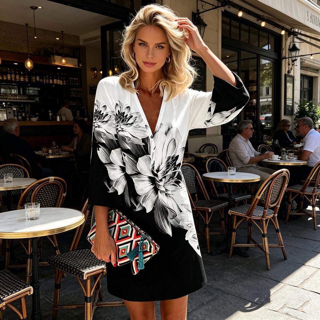 Women 3/4 Sleeve V Neck Tunic Dressy Casual Printed Summer Top Loose Fit Pullover Blouse Mini Dress Tee