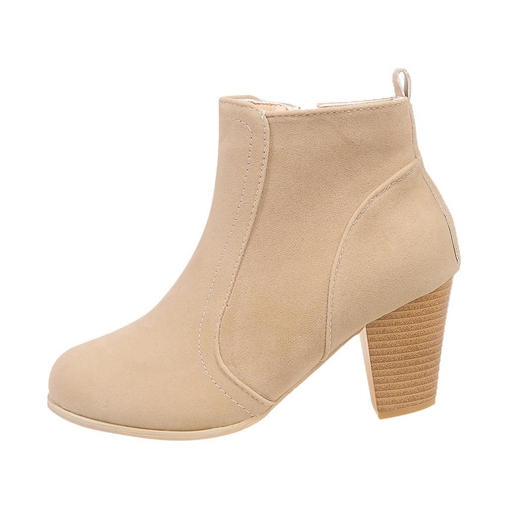 Damen Bequeme Runde Spitze Einfarbige Hohe Absätze Kurzer Schaft Seitenreißverschluss Modische Knöchelboots Stiefel für Damen Leder