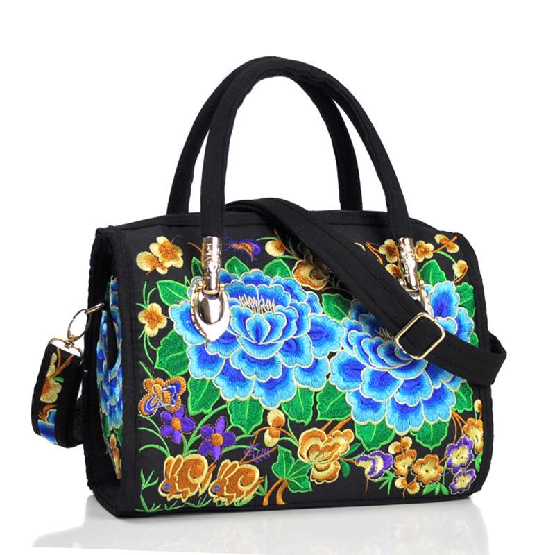 Ethnic Embroidered Drum-Shape Tote & Crossbody Canvas Bag