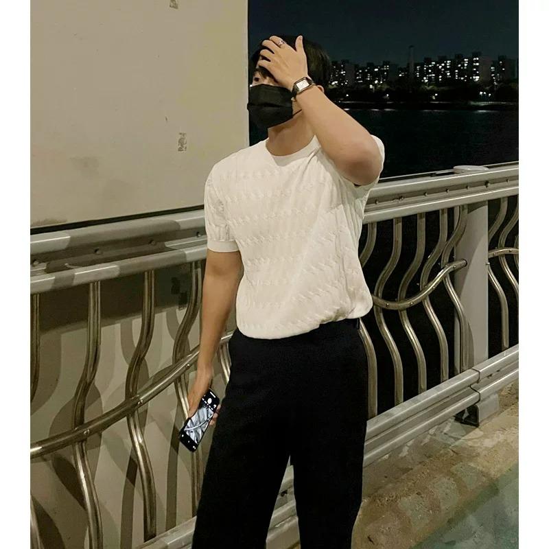 Men's Retro Loose-Fit Ice Silk Knit T-shirt - Short-Sleeve, Round Neck, Korean Style