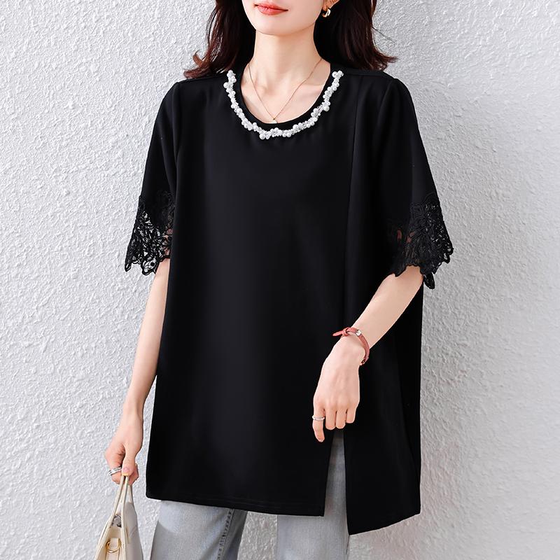 

Dimanaf 2025 Лето Женские футболки больших размеров Кружевные вставки Элегантные топы с коротким рукавом Футболки Свободная рубашка 4XL чёрный