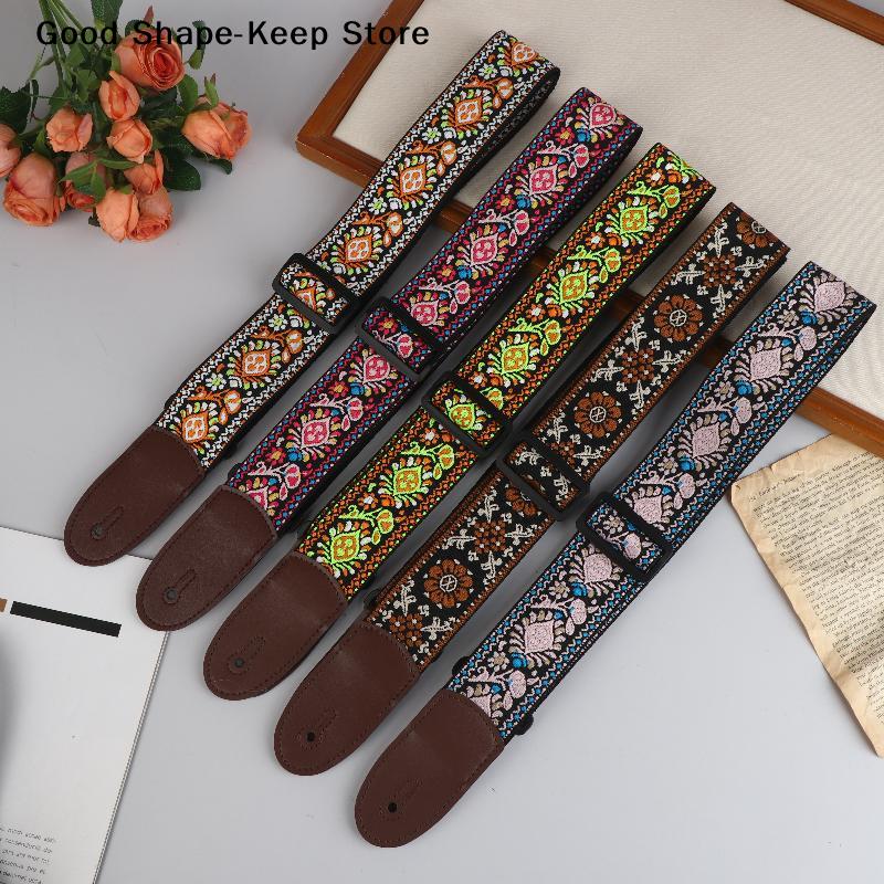 Adjustable Guitar Strap Neck Strap for Electric & Acoustic Bass Cotton Leather Embroidered Straps Musical Instrument Accessories