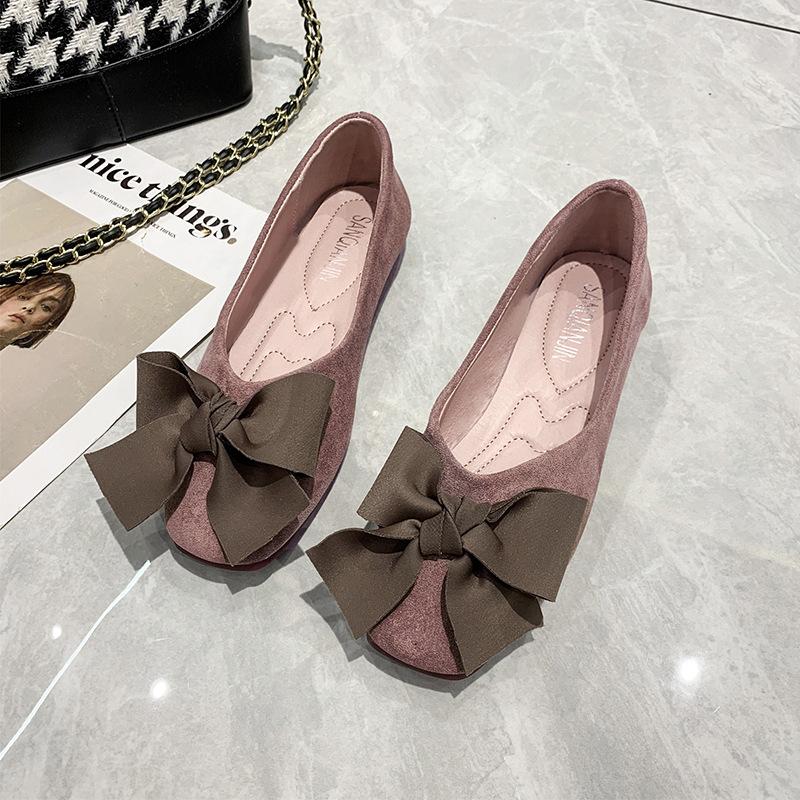 Autumn Flat Bottom Square Head Single Shoes Women's Shallow Mouth Big Bow Sweet Versatile Soft Sole Doudou Shoes Work Shoes Black
