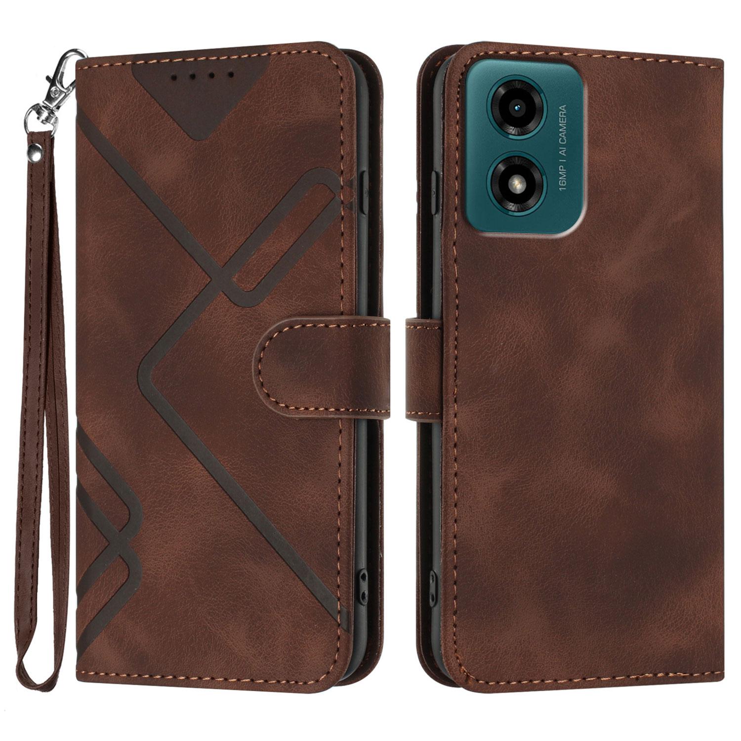 

For Motorola Moto G04 4G/Motorola Moto G04s 4G/Motorola Moto G24 4G/Motorola Moto E14 4G Wallet Case Line Imprinted PU Leather Phone Cover with Strap Brown