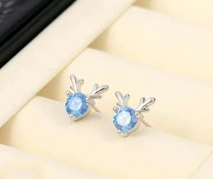

Sterling Silver Deer Antler Stud Earrings for Women - Trendy Christmas & New Year Gift 925 Silver синий/алмаз