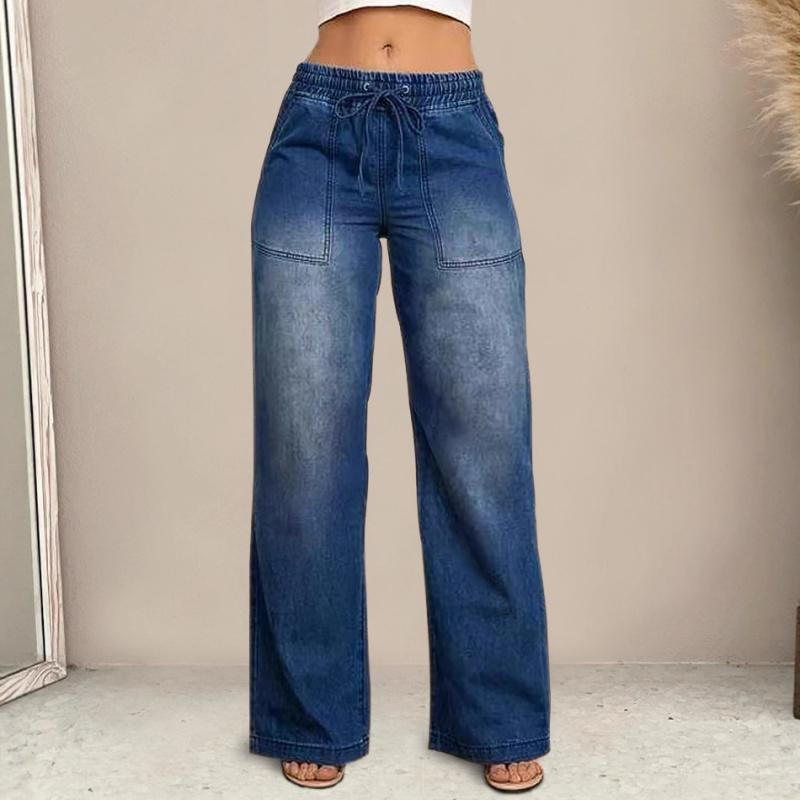 2026 Fall New Women's Denim Pants with Drawstring Elastic Waist, Straight-Leg Fashionable Wide-Leg Denim Trousers