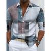Men's long-sleeved shirt, geometric plaid patchwork print, casual business style,