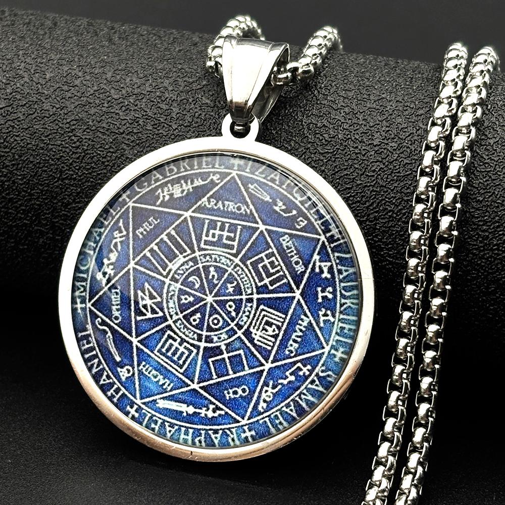 Seven Archangels Glass Medal Angel Pendant Necklace for Women Men Stainless Steel Seal of Solomon Protection Chain Jewelry Gift