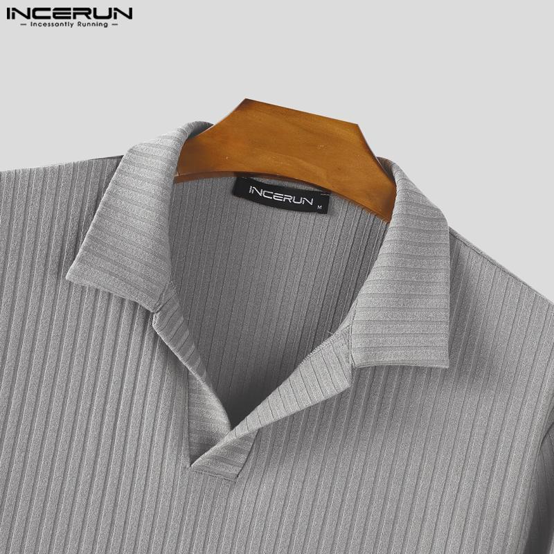 INCERUN Autumn Winter Men Lapel Neck Long Sleeve Casual Texture Rib Pullovers Tops