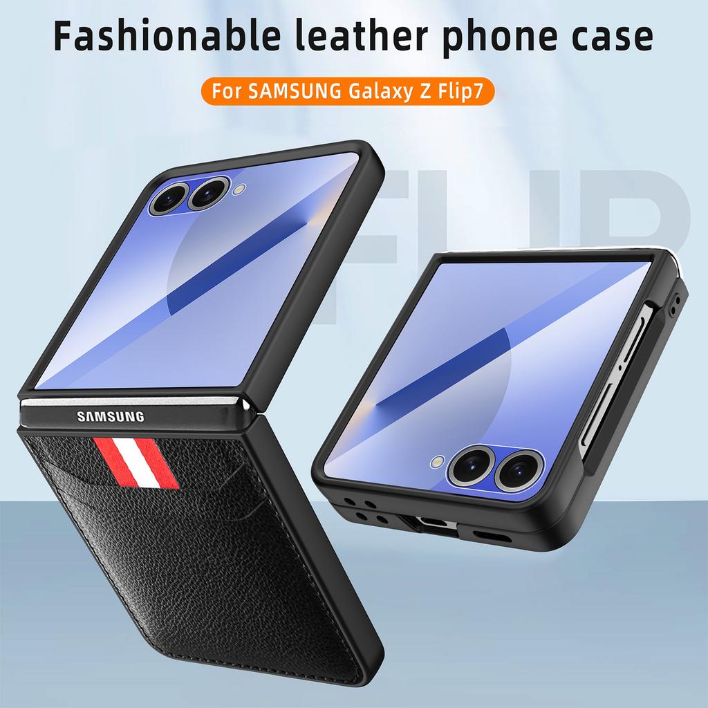 For Samsung Galaxy Z Flip7 5G Case Litchi Texture PU+PC Phone Cover with Screen/Lens Film