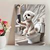 Funny Modern Canvas Art Unframed Canvas Wall Art - Maltese Dog Taking Selfie On Toilet with Smartphone, Humorous Animal Poster for Living Room