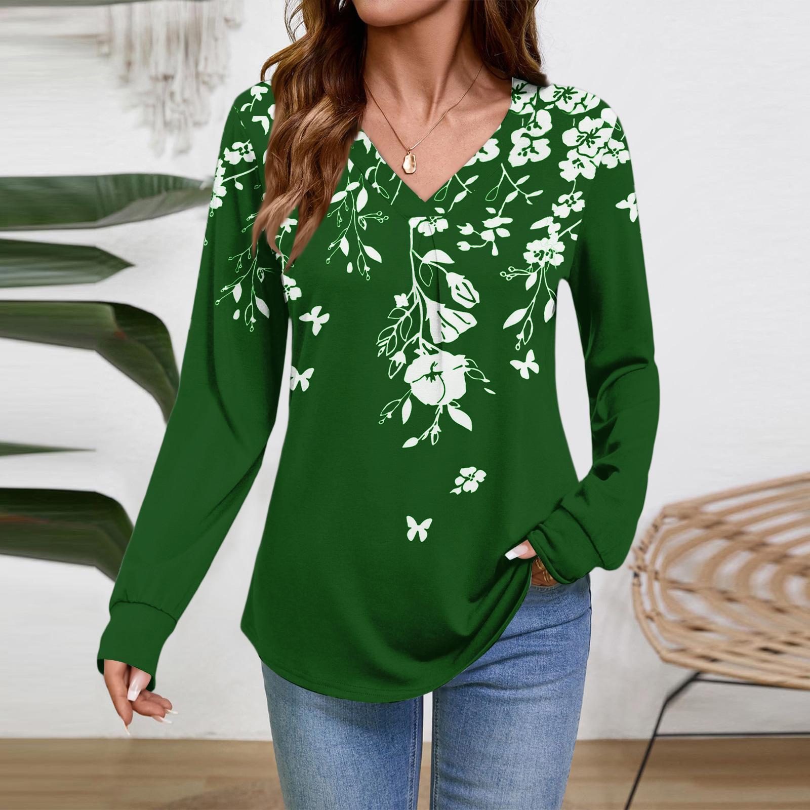 

Женские топы с длинным рукавом, нарядные повседневные футболки с V-образным вырезом, базовые футболки, одежда для отпуска, осенняя модная одежда XXL зелёный