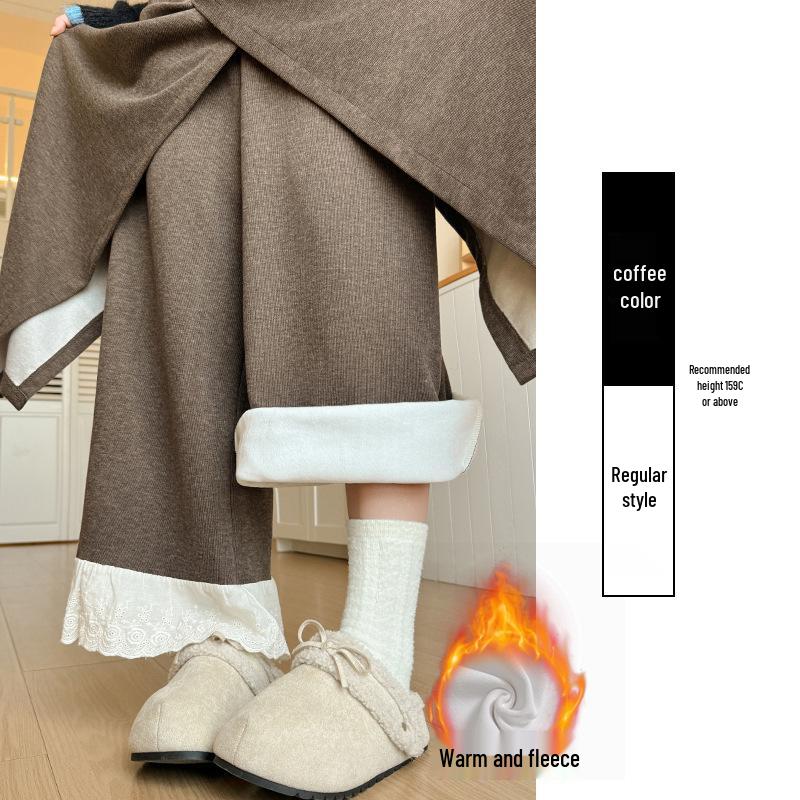 Women's Patchwork Lace Trim High-Waisted Wide-Leg Pants: Versatile, Slimming, Plus Velvet for Autumn/Winter 2025.