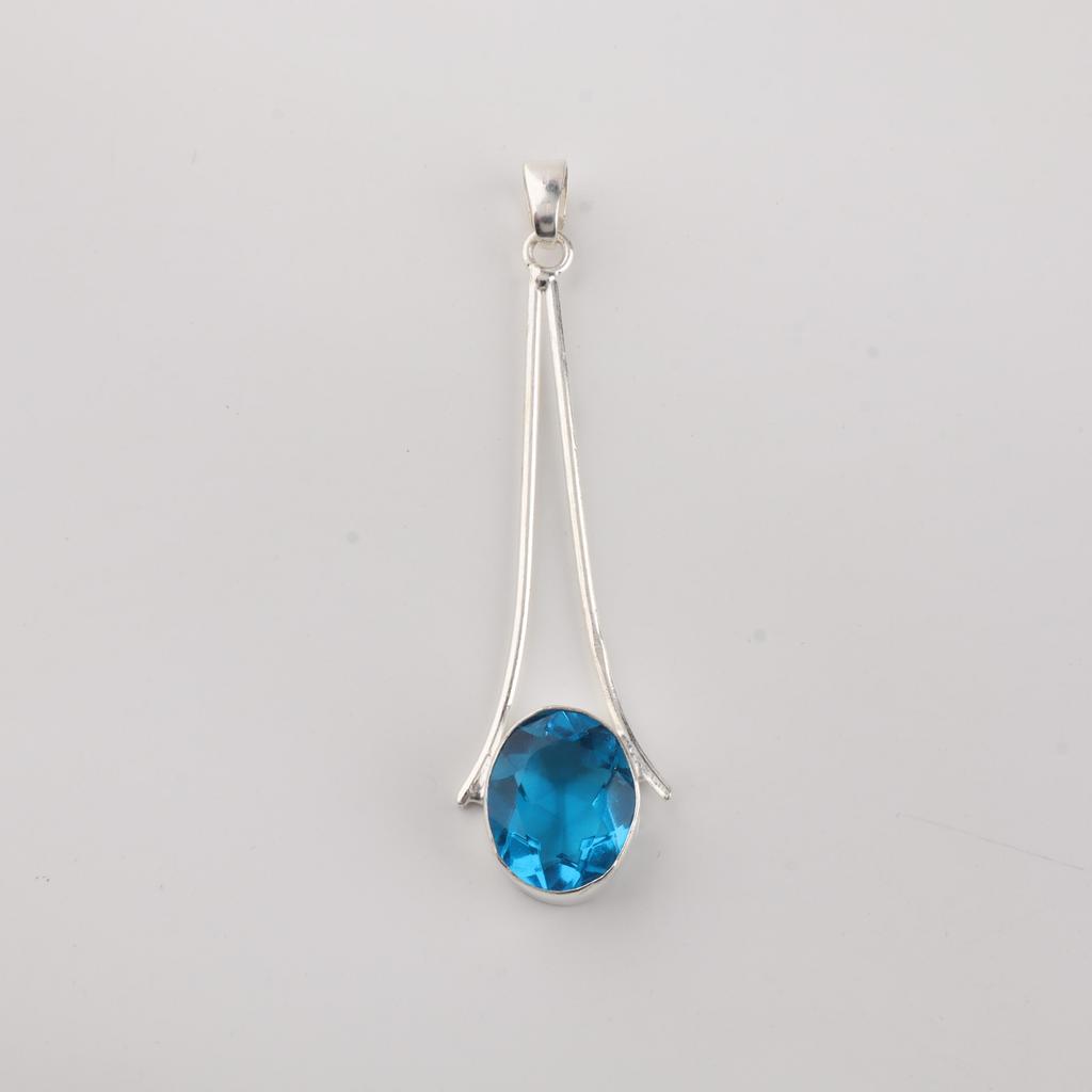 Swiss Blue Topaz Gemstone 925 Sterling Silver Handmade Jewelry Pretty Pendant 1.79" For Wedding Gift PP-69-6