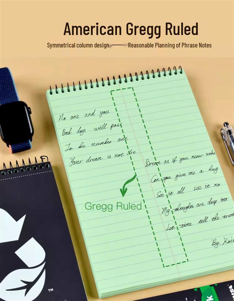 Kaisa Steno Pad: A5 Speed Writing Notebook with Green Inner Pages, 80 Sheets, Symmetrical Columns, Easy-Tear, Wide Line Spacing.
