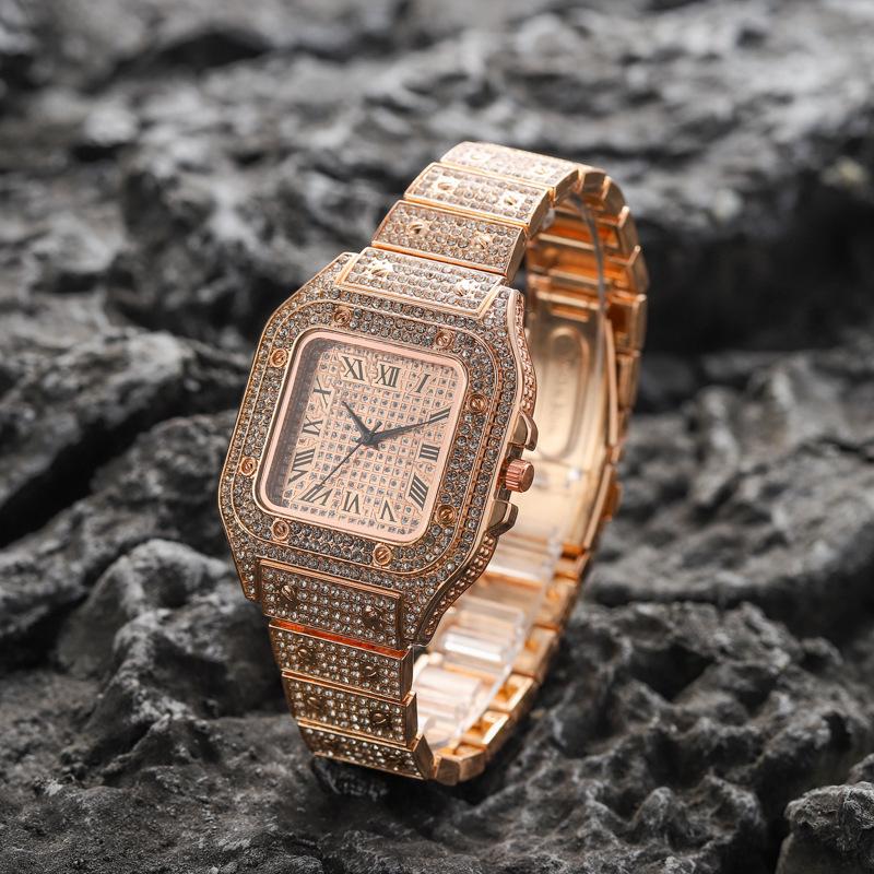 Hot-Selling Gold Alloy Steel Band Watch with Large Square Dial, Roman Numerals & Rhinestones
